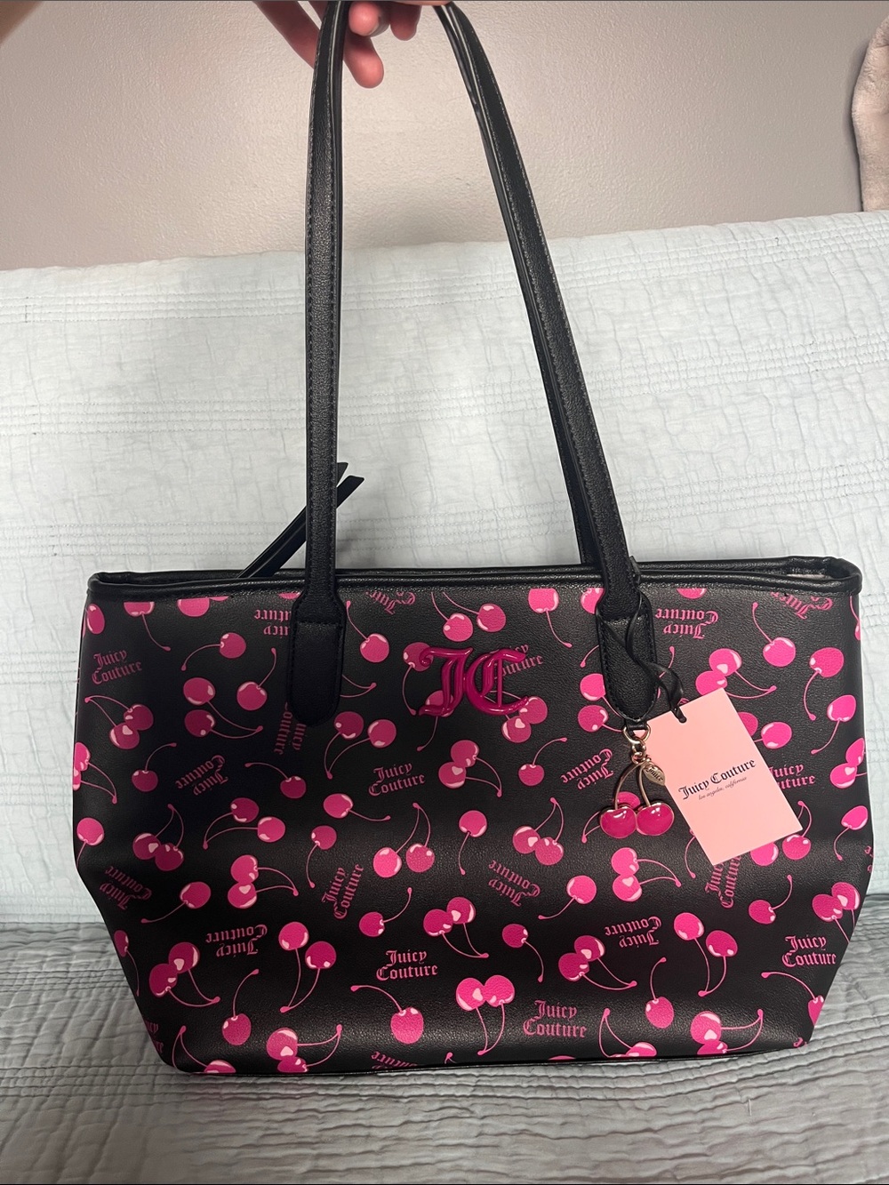VIRAL Juicy Couture Black Tote with Hot Pink Cherry Print